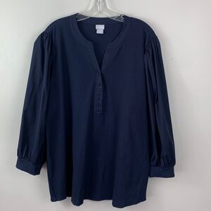 Chico’s Rib knit Woven Puff Sleeve Top in Blue NEW!